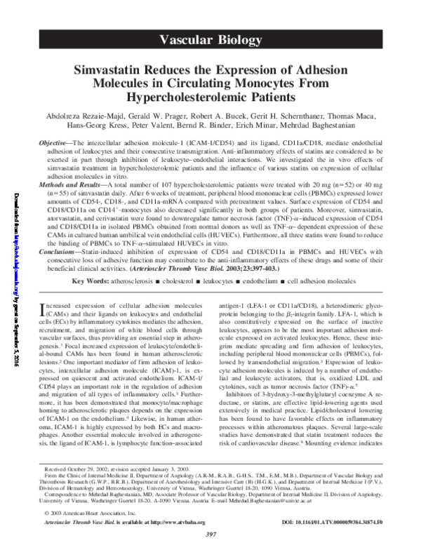 (PDF) Simvastatin Reduces the Expression of Adhesion Molecules in ...