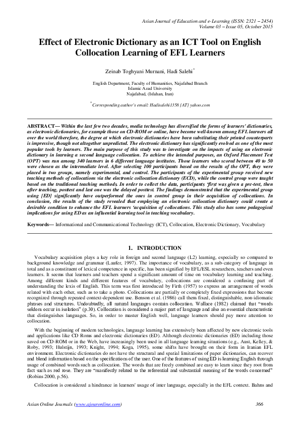 (PDF) Effect of Electronic Dictionary as an ICT Tool on English