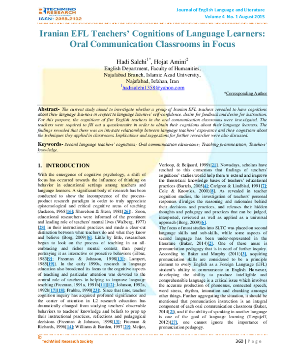 (PDF) Iranian EFL Teachers' Cognitions of Language Learners: Oral ...
