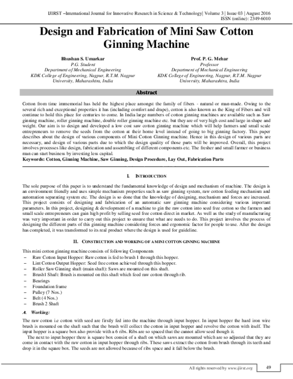 (PDF) Design and Fabrication of Mini Saw Cotton Ginning Machine