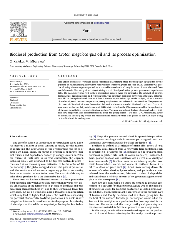 (PDF) Biodiesel production from Croton megalocarpus oil and its process ...