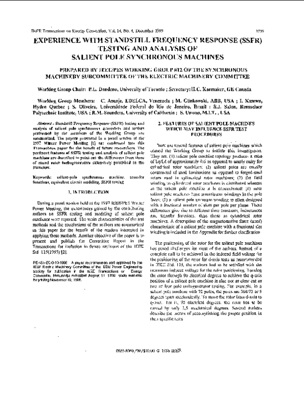 (PDF) Experience with standstill frequency response (SSFR) testing and