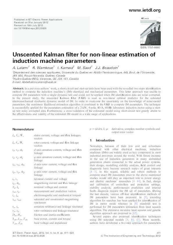 (PDF) Unscented Kalman filter for non-linear estimation of induction ...