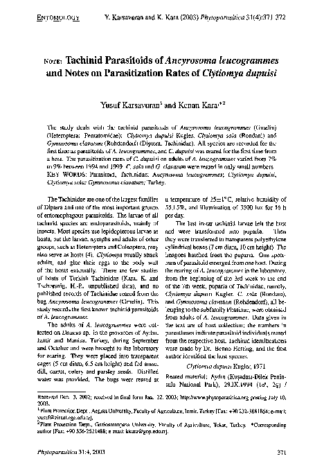 (PDF) Note: Tachinid parasitoids of Ancyrosoma leucogrammes and notes ...