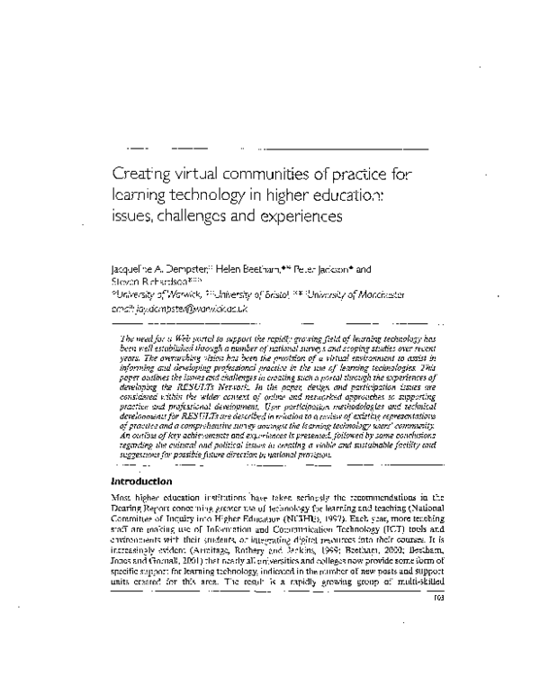 (PDF) Creating virtual communities of practice for learning technology ...