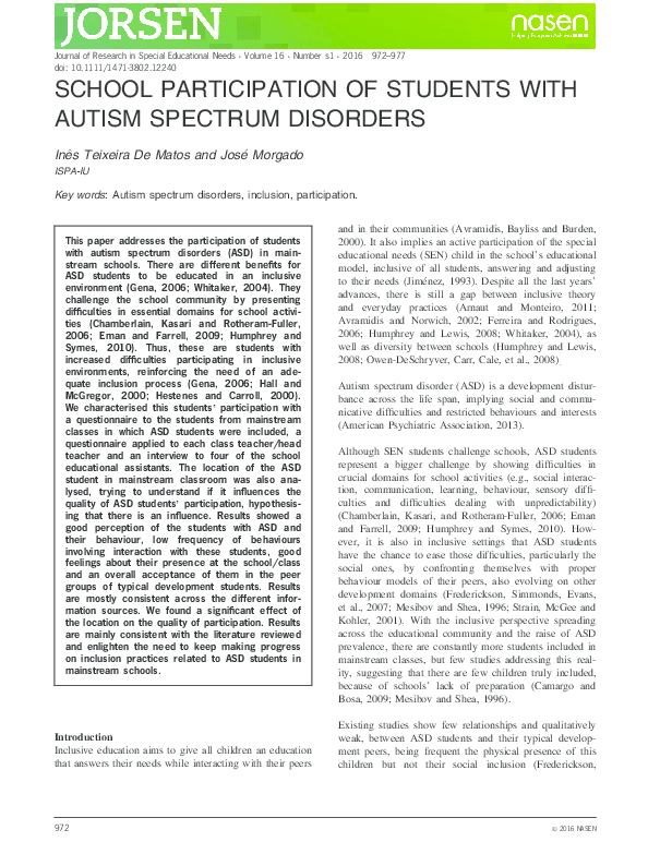 (PDF) School participation of students with autism spectrum disorders
