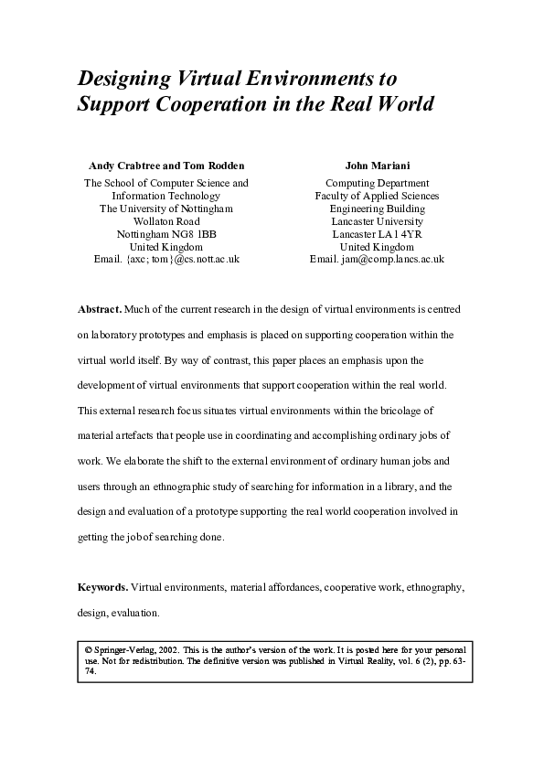 (PDF) Designing Virtual Environments to Support Cooperation in the Real ...