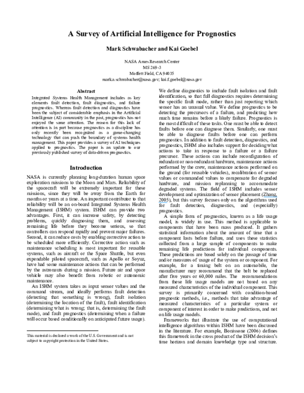 (PDF) A Survey of Artificial Intelligence for Prognostics