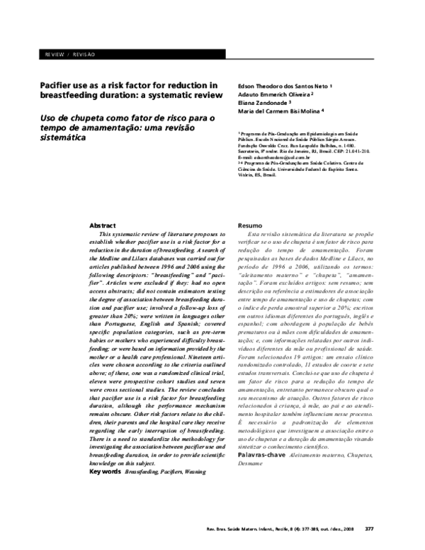 (PDF) Pacifier use as a risk factor for reduction in breastfeeding duration a systematic review