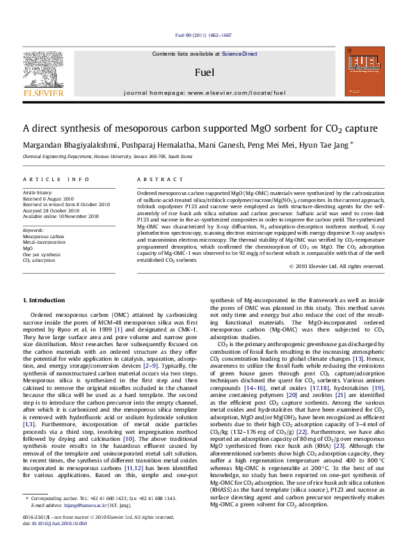 (PDF) A direct synthesis of mesoporous carbon supported MgO sorbent for ...