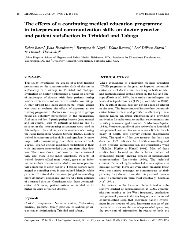 The effects of a continuing medical education programme in interpersonal communication skills on doctor practice and patient satisfaction in Trinidad and Tobago