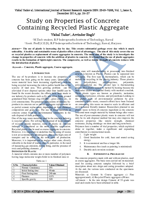 (PDF) Study on Properties of Concrete Containing Recycled Plastic Aggregate