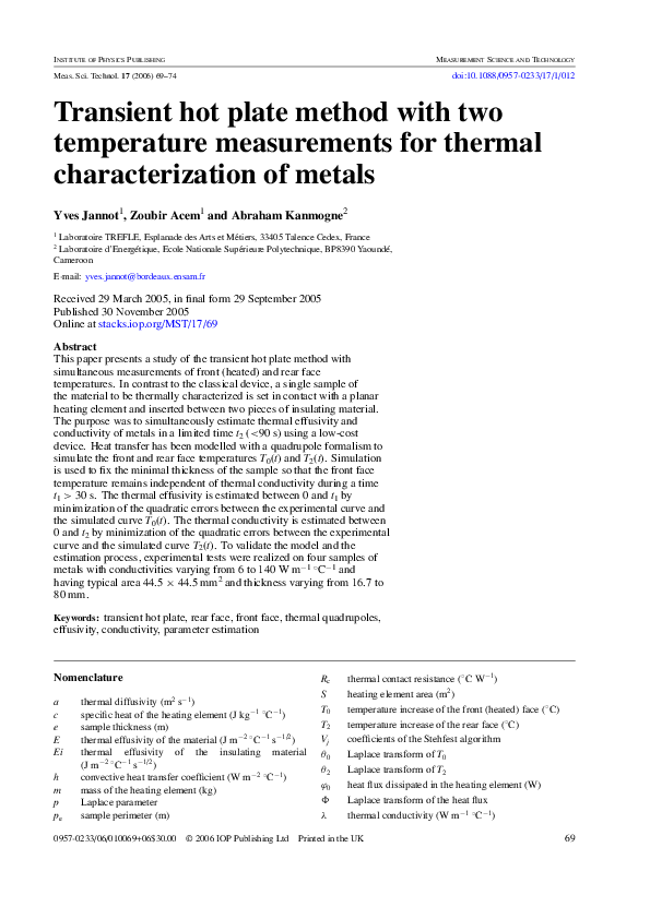 (PDF) Transient hot plate method with two temperature measurements for ...