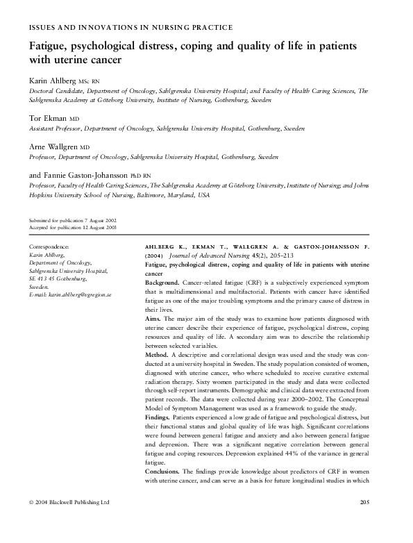 (PDF) Fatigue, psychological distress, coping and quality of life in