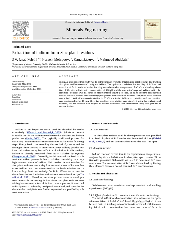 (PDF) Extraction of indium from zinc plant residues