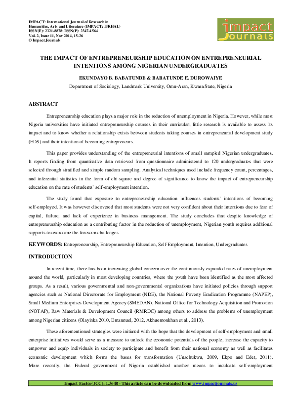 (PDF) THE IMPACT OF ENTREPRENEURSHIP EDUCATION ON ENTREPRENEURIAL ...