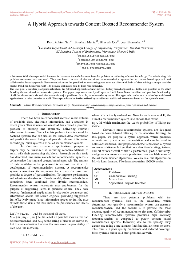 (PDF) A Hybrid Approach towards Content Boosted Recommender System