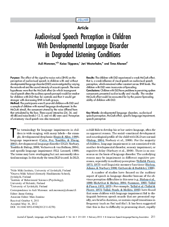 (PDF) Audiovisual Speech Perception in Children With Developmental ...