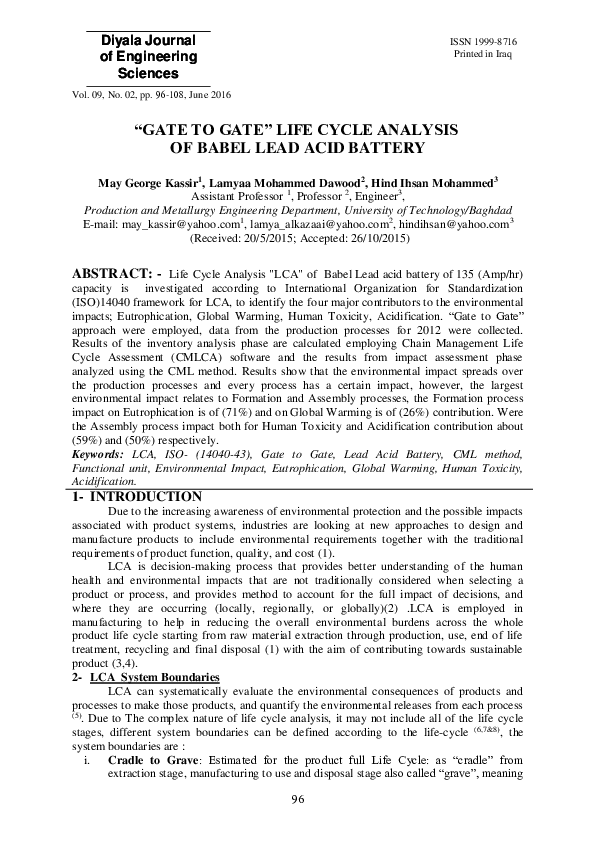 (PDF) " GATE TO GATE " LIFE CYCLE ANALYSIS OF BABEL LEAD ACID BATTERY