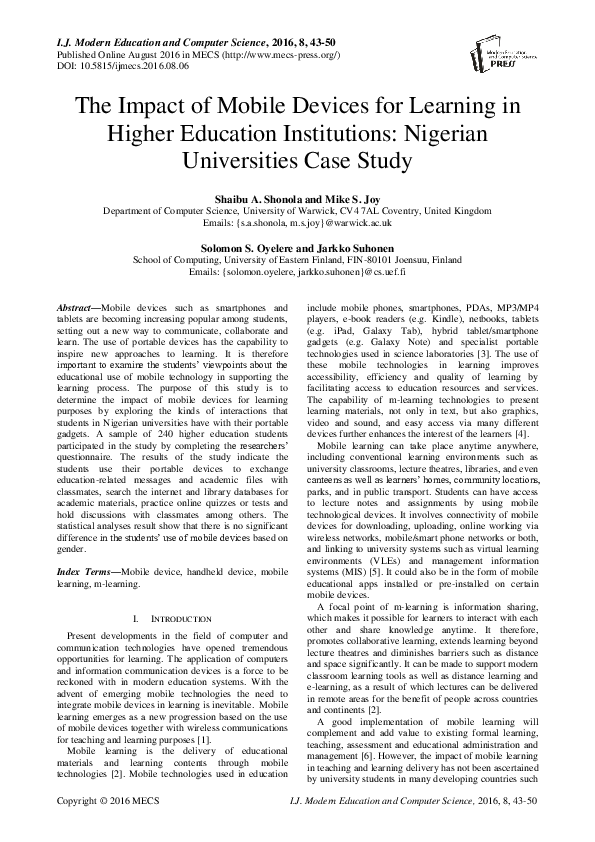 (PDF) The impact of mobile devices for learning in higher education ...