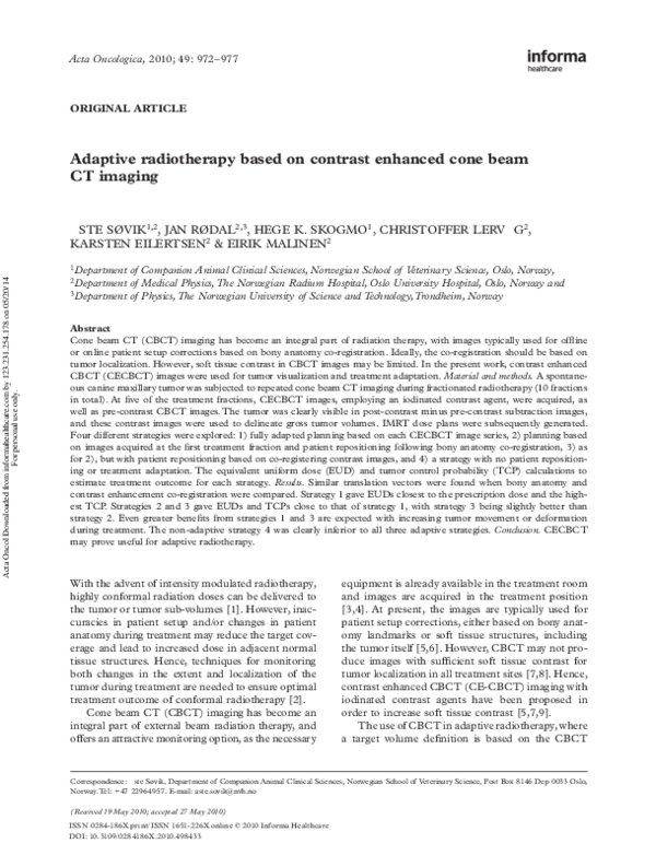 (PDF) Adaptive radiotherapy based on contrast enhanced cone beam CT imaging
