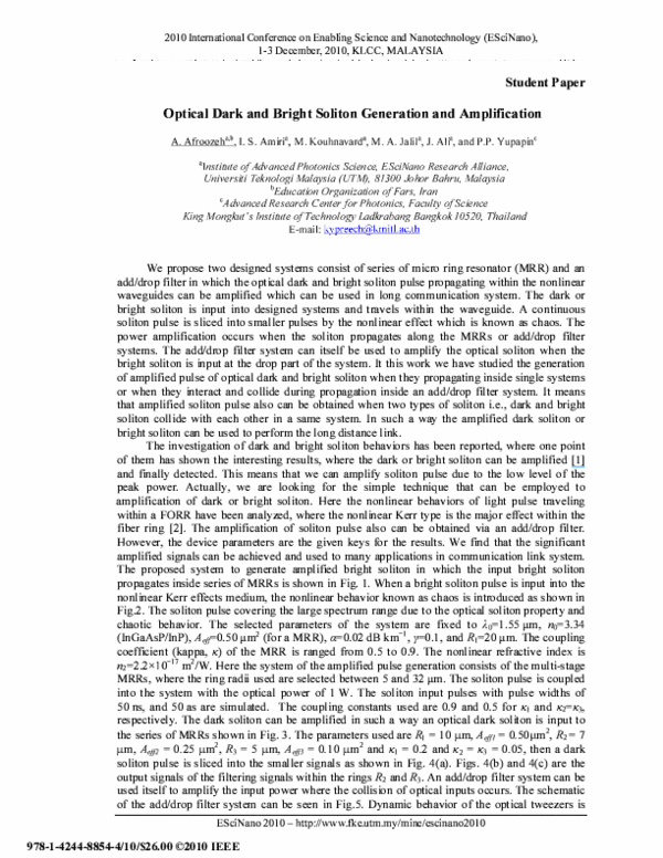 (PDF) Optical Dark and Bright Soliton Generation and Amplification