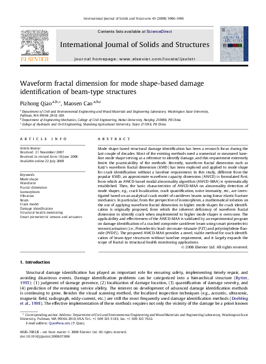 (PDF) Waveform fractal dimension for mode shape-based damage ...