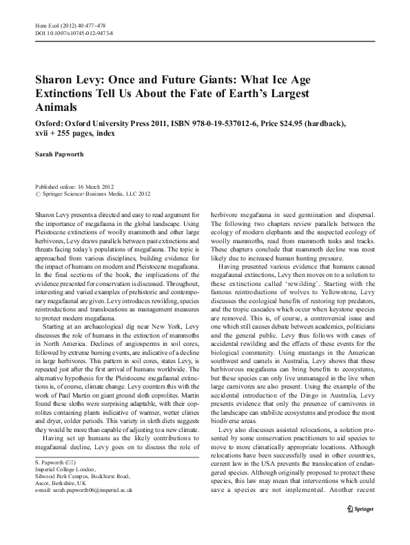 Pdf Sharon Levy Once And Future Giants What Ice Age Extinctions Tell Us About The Fate Of Earth S Largest Animals Sarah Papworth Academia Edu Pdf Sharon Levy Once And Future Giants What Ice Age Extinctions Tell Us About The Fate Of Earth S Largest Animals Sarah Papworth Academia Edu
