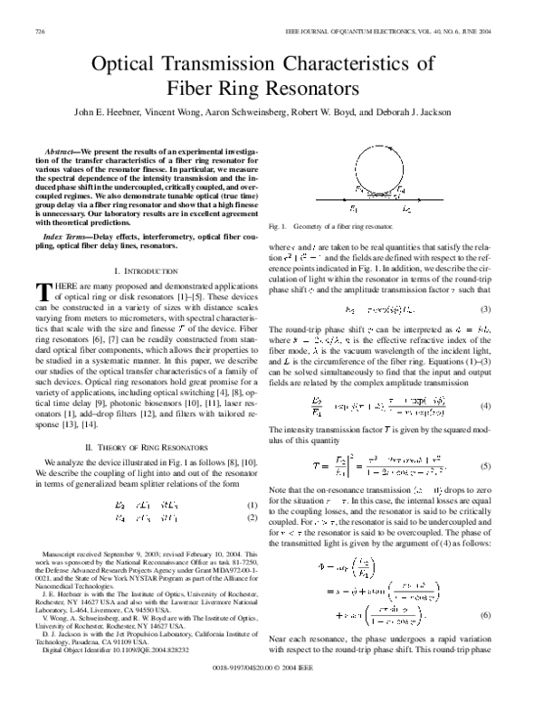 (PDF) Optical transmission characteristics of fiber ring resonators