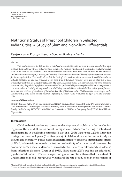 (PDF) Nutritional Status of Preschool Children in Selected Indian