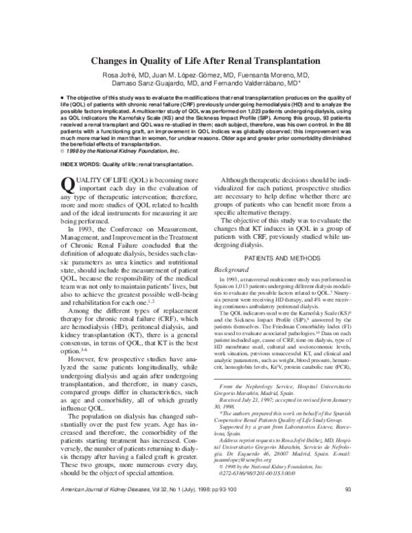 (PDF) Changes in quality of life after renal transplantation