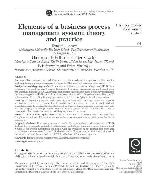 (PDF) Elements of a business process management system: theory and practice