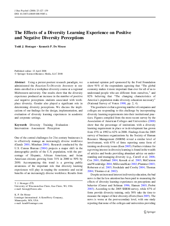 (PDF) The Effects of a Diversity Learning Experience on Positive and ...