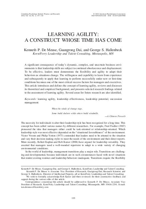 Pdf Learning Agility A Construct Whose Time Has Come Kenneth De Meuse And George Hallenbeck Academia Edu