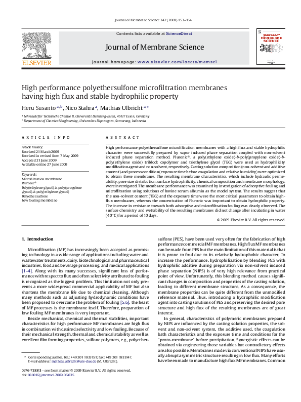 (PDF) High performance polyethersulfone microfiltration membranes ...