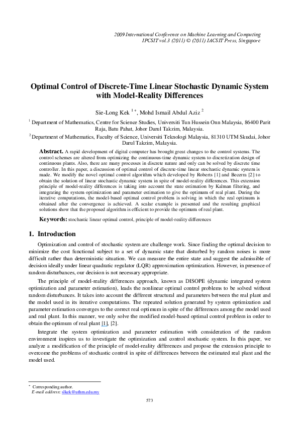 (PDF) Optimal Control of Discrete-Time Linear Stochastic Dynamic System ...