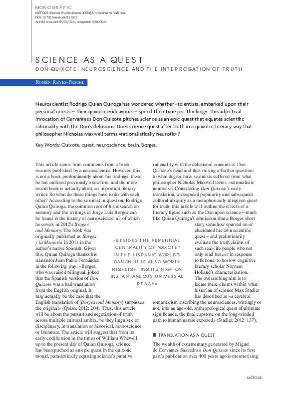 (PDF) Science as a Quest Don Quixote, Neuroscience and the