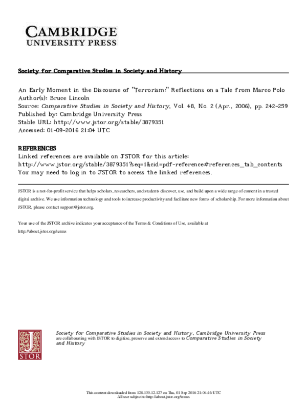 An Early Moment in the Discourse of "Terrorism:" Reflections on a Tale from Marco Polo