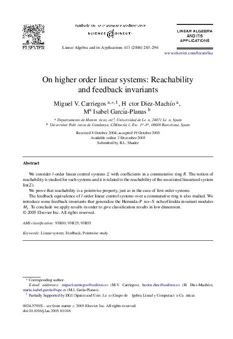 (PDF) On higher order linear systems: Reachability and feedback invariants