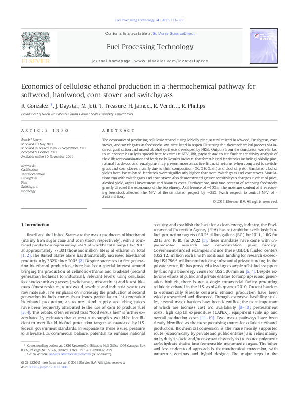 (PDF) Economics of cellulosic ethanol production in a thermochemical ...