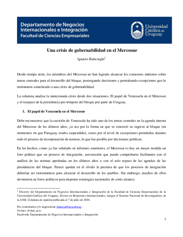 (PDF) Una crisis de gobernabilidad en el Mercosur