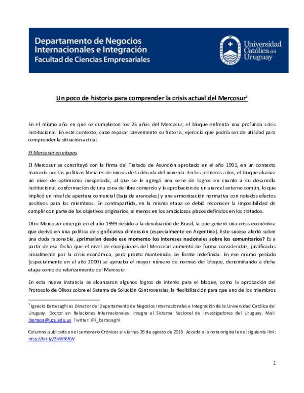 (PDF) Un poco de historia para comprender la crisis actual del Mercosur 1