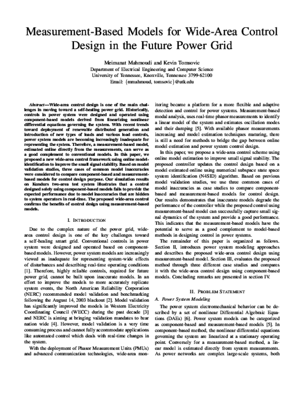 (PDF) Measurement-Based Models for Wide-Area Control Design in the ...