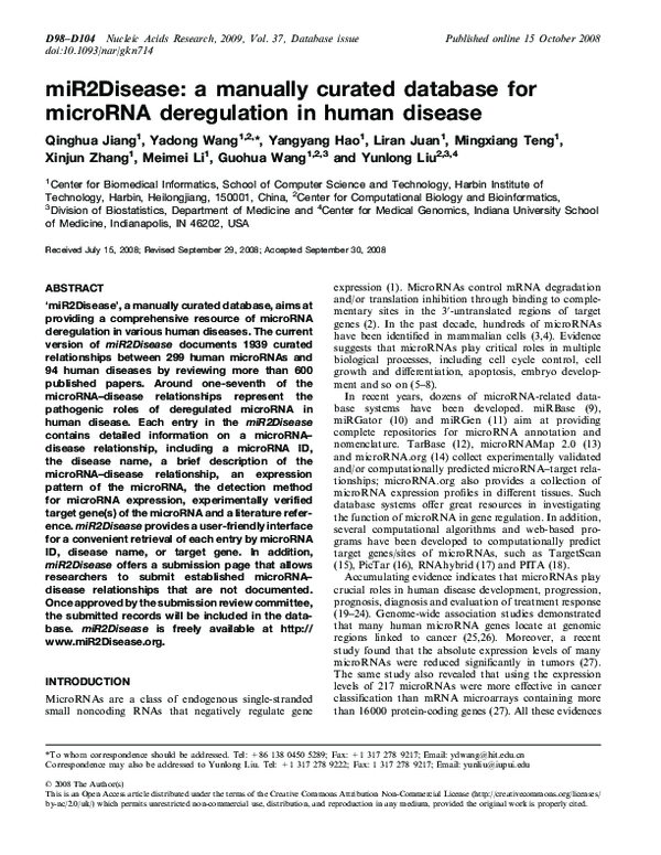 (PDF) miR2Disease: a manually curated database for microRNA ...