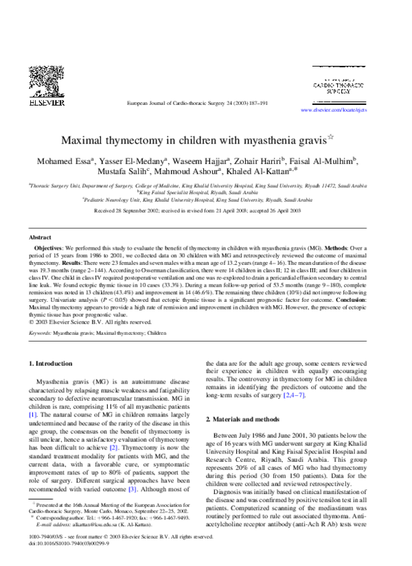 (PDF) Maximal thymectomy in children with myasthenia gravisq Waseem