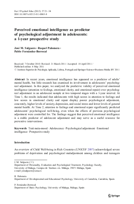(PDF) Perceived emotional intelligence as predictor of psychological ...