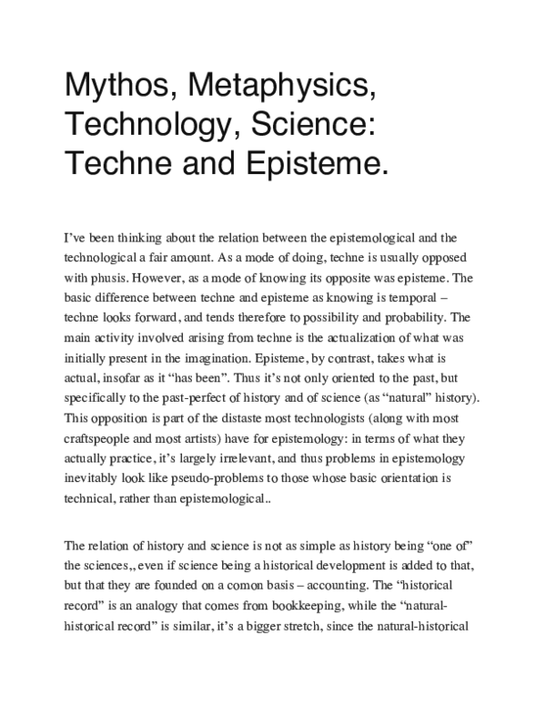 (PDF) Mythos, Metaphysics, Technology, Science: Techne and Episteme.