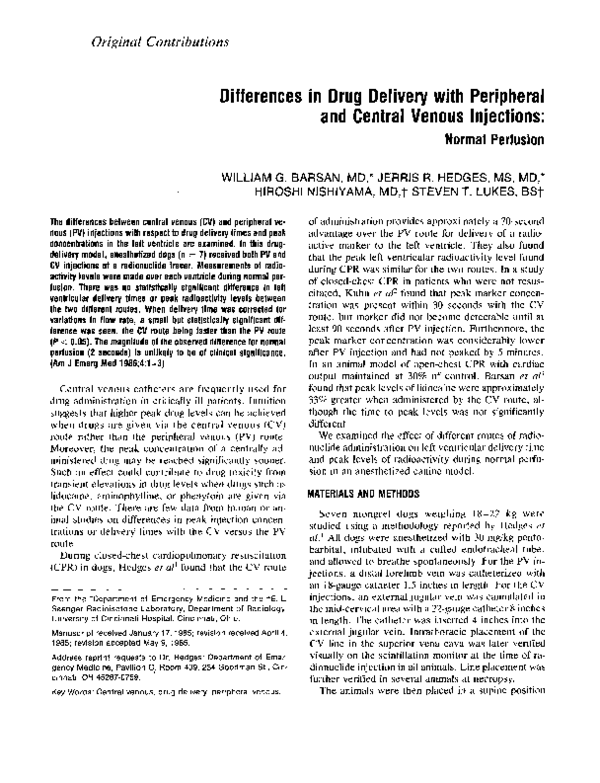 (PDF) Differences in drug delivery with peripheral and central venous ...