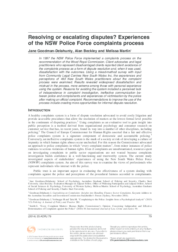 Resolving or escalating disputes? Experiences of the NSW Police Force ...