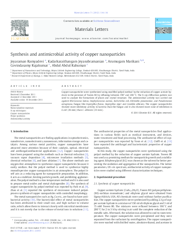 (PDF) Synthesis and antimicrobial activity of copper nanoparticles